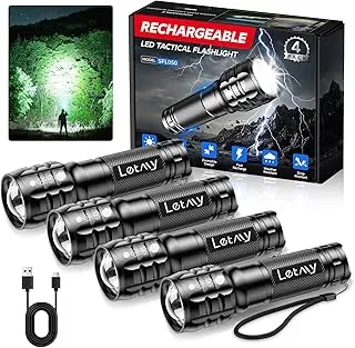 LETMY Paquete de 4 linternas recargables de alto lúmenes, 3 modos, linterna pequeña brillante para el hogar, linternas tácticas recargables, linternas LED con zoom, impermeables para exteriores, campamento de emergencia