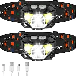 LHKNL Linterna de faro delantero, 1200 lúmenes, linterna LED brillante recargable con luz blanca y roja, paquete de 2 lámparas de cabeza impermeables con sensor de movimiento, 8 modos para acampar al