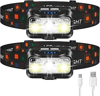 LHKNL Linterna frontal recargable, lumen súper brillante con sensor de movimiento, 2 unidades de faros LED impermeables con luz blanca y roja, 8 modos de luces principales para camping, ciclismo