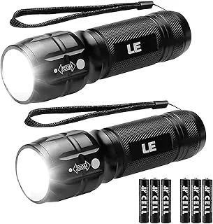 Lighting EVER Linternas LED de alto lúmenes, linterna pequeña, impermeable, luz de flash de enfoque ajustable para exteriores, emergencia, camping, pilas AAA incluidas, paquete de 2