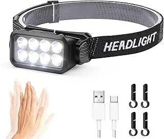 Linterna frontal con sensor de movimiento recargable, USB C con 5 modos, 120° ajustable, IPX4, impermeable, faro LED para camping, senderismo, correr, pesca, casco duro