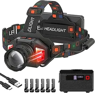 Linterna frontal LED recargable, 3000 lúmenes, potencia de batería, 9 modos, batería de larga duración de 72 horas, sensor de movimiento, luz roja, impermeable IP65, faro ajustable de 90° para casco duro, campamento, senderismo