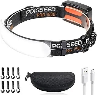 Linterna frontal LED recargable, súper brillante de 1500 lúmenes, haz ancho de 230°, linterna de cabeza con 3 modos, IPX6 impermeable, ligera, luz frontal con luz trasera y clips para acampar, correr