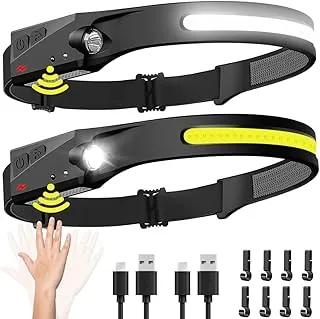 Linterna frontal recargable 2 unidades, 230° de haz ancho LED con sensor de movimiento para adultos, accesorios de campamento, linterna impermeable para senderismo, correr, reparación, pesca, ciclismo