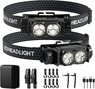 Linterna frontal recargable, 2 unidades, 4500 L, luz súper brillante, LED, recargable con luz blanca, lámpara de cabeza impermeable con diadema para campamento al aire libre, senderismo, camping