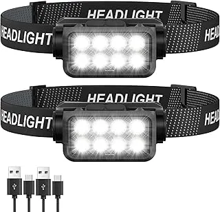 Linterna frontal recargable 2 unidades, 8 LED, 2500 lúmenes, lámpara de cabeza ultraligera y brillante con sensor de movimiento, impermeable, ligera, para niños y adultos, ideal para acampar al aire