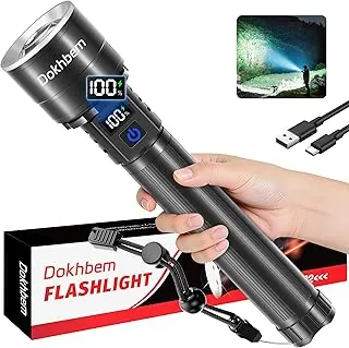 Linterna LED recargable de alto lúmenes, linterna súper brillante con pantalla digital LCD, luz de flash con 5 modos e impermeable, potente linterna de mano para emergencias de campamento