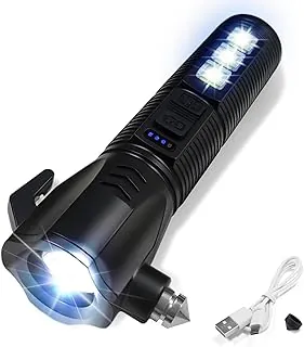 Linterna negra de emergencia para coche, 2000 lúmenes, luz dual, indicador de batería de 4 niveles, rompeventanas y cortador de cinturón de seguridad, recargable por USB, ultraligera