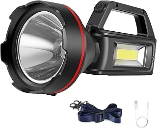 Linterna recargable con reflector, reflector de mano de alto lúmenes, linterna LED con correa para el hombro y salida USB para huracanes, emergencias, tormentas, cortes de energía, caza, senderismo