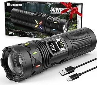 Linternas de alto lúmenes 100000 recargables, LED súper brillante de 50 W, larga duración de 15 horas, entrada USB C y salida USB, 3 modos de zoom, potente luz de flash fuerte para el hogar, senderismo, campamento