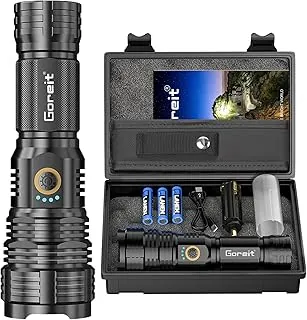 Linternas LED de Alto Flujo en Lúmenes Recargables, Goreit 20,000 Lúmenes XHP70.2 Linterna Súper Brillante, Linterna Alimentada por Batería, Potente Linterna de Mano con Funda para Emergencia, Camping