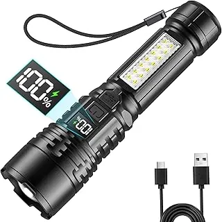 Linternas LED recargables con luces laterales y pantalla de alimentación digital, linterna brillante de alto lúmenes con zoom con luces de advertencia para emergencia en el hogar y al aire libre, artículos esenciales de campamento, equipo de supervivencia
