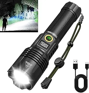 Linternas recargables de 2200 lúmenes altos, súper brillante linterna táctica LED, zoom, IPX6 impermeable, 6 modos, potente linterna de mano para emergencias, camping, senderismo