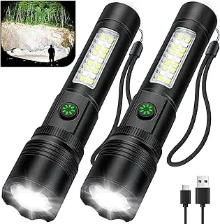 Linternas recargables de alto lúmenes, 99,000 LM linterna LED brillante alimentada, linternas recargables USB y luces flash de mano impermeables para el hogar, camping, senderismo (paquete de 2)