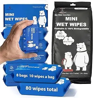 Mini toallitas desechables tamaño de viaje, 8 paquetes (10 unidades cada uno), 80 toallitas en total, envueltas individualmente, sin perfume, a base de plantas y biodegradables, pH equilibrado, toallitas húmedas hipoalergénicas para adultos