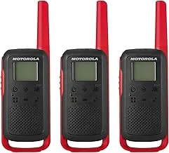Motorola Solutions, FRS portátil, T210TP, Talkabout, radios bidireccionales, recargable, 22 canales, 20 millas, negro con rojo, paquete de 3