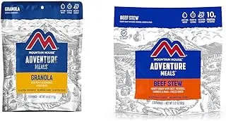 Mountain House Granola con leche y arándanos | Comida liofilizada para mochileros y campamentos | 2 porciones y estofado de carne Mountain House | Comida liofilizada para mochileros y campamento | 2