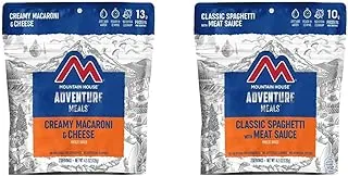 Mountain House Macarrones cremosos y queso (2 porciones) y espaguetis clásicos con salsa de carne (2 porciones) | Alimentos liofilizados para mochileros y campamentos