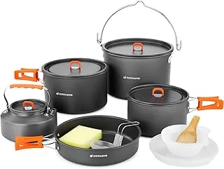 Odoland Juego de 18 utensilios de cocina para acampar, olla colgante de gran tamaño, con platos de plástico, tazones, cuchara de sopa para camping, mochileros, cocina al aire libre y picnic