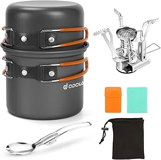 Odoland Kit de 6 utensilios de cocina para acampar con olla ligera, estufa, tenedor y bolsa de malla de transporte, ideal para mochileros, acampar al aire libre, senderismo y picnic