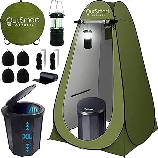 Outsmart Gadgets Juego de inodoro portátil para exteriores para adultos con linterna nocturna de campamento, inodoro plegable XL, tienda de campaña de privacidad desplegable y bolsas de transporte,