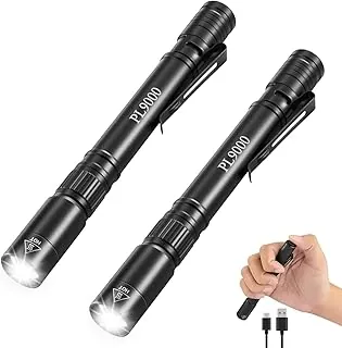 Paquete de 2 linterna recargable PL9000, linterna brillante de 5 modos de luz para bolígrafo, linternas de bolsillo impermeables, luz de flash táctica ajustable EDC, luces pequeñas LED con clip para emergencias