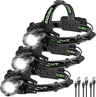Paquete de 3 faros recargables, 99,000 lúmenes, lámpara de cabeza súper brillante con 3 modos, luz LED ajustable de 90° para frente, faros impermeables IPX6 para adultos, campamento, senderismo
