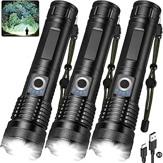 Paquete de 3 linternas LED recargables de 990,000 lúmenes, ajustables, 5 modos, IPX7 impermeable, potentes luces flash de mano para camping, senderismo, emergencia en el hogar