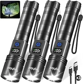 Paquete de 3 linternas recargables de alto lúmenes, linterna súper brillante con pantalla digital LCD, 5 modos de linterna LED ajustable, linternas tácticas de alta potencia, luces de flash para emergencia