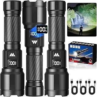 Paquete de 3 linternas recargables de alto lúmenes, linterna táctica LED súper brillante con pantalla de alimentación LCD, linternas con zoom de 15 horas + tiempo de funcionamiento, linternas impermeables IP65 para campamento de emergencia en el hogar