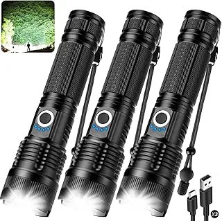 Paquete de 3 Linternas Recargables de Altos Lúmenes - 99,000LM Luz LED Flash Súper Brillante para el Hogar con 5 Modos, Potente Linterna de Mano Impermeable para Camping y Emergencias (L-3P)