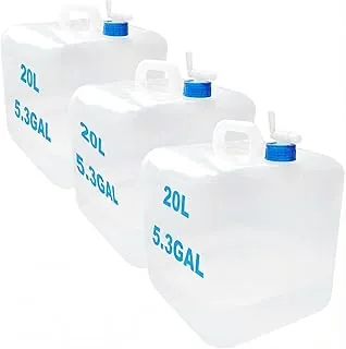 Paquete de 3 recipientes de agua plegables de 5.3 galones (20 litros) con grifo, jarra de agua de polietileno sin BPA, bolsa de almacenamiento de agua a prueba de fugas para campamento, senderismo y respaldo de emergencia, portátil, plegable