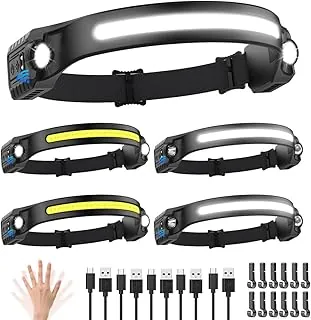Paquete de 5 linternas frontales recargables, linterna de cabeza de haz ancho de 230° con 2 focos, linterna frontal LED con sensor de movimiento, linterna frontal recargable de 5 modos, linternas