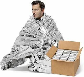 Paquete de 50 mantas de aluminio de emergencia de 51 x 83 pulgadas, mantas térmicas de supervivencia de Mylar envueltas individualmente para exteriores, campamento, senderismo, primeros auxilios