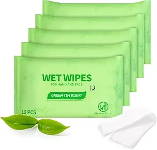 Paquete de 50 toallitas húmedas para la cara, limpia las manos de la cara rápidamente, 10 unidades, toallitas húmedas de té verde a granel para personas sin hogar, perfectas para senderismo, camping,