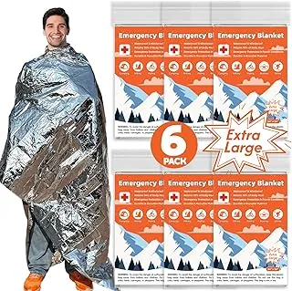 Paquete de 6 mantas térmicas de emergencia de supervivencia, mantas de Mylar extra grandes de 84 x 64 pulgadas para exteriores, manta espacial, lámina plateada para supervivencia, kit de