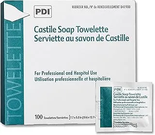 PDI Toalla de jabón de Castilla, 1 caja de 100 toallitas envueltas individualmente de 7.7 x 5 pulgadas, toallas de limpieza de jabón suave para higiene personal, limpieza de manos y cara, viajes y cuidado del paciente