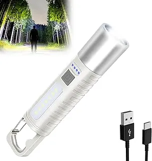Pequeña linterna LED recargable, luz de mano ultraligera de 500 lm con luz lateral COB, zoomable, 4 modos, USB-C, perfecta para campamento, corte de energía, emergencia en el hogar