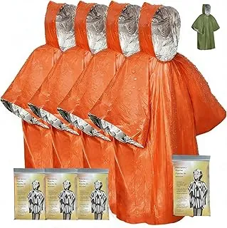 Poncho de supervivencia de emergencia (4 piezas) Manta térmica con revestimiento de lámina de Mylar para retención de calor y lluvia, reversible con capucha, impermeable, resistente al viento