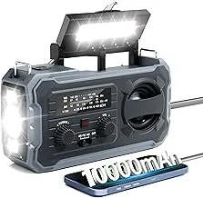 Radio de emergencia con manivela, radio meteorológica de 10000 mAh con AM/FM/NOAA, energía solar, alarma SOS, carga de teléfono, linterna LED, equipo de supervivencia portátil para kits de emergencias