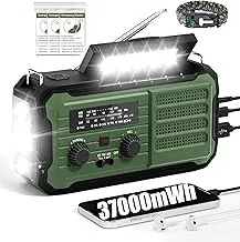 Radio de emergencia con manivela solar, 10000 mAh/37000 mWh, radio meteorológica de emergencia, radios solares de manivela con NOAA/AM/FM, linterna frontal recargable, manta térmica, pulsera de
