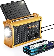 Radio de emergencia meteorológica con gran panel solar, eficiente manivela manual y batería real de 12000 mAh | Bandas AM/FM/NOAA, linterna LED, lámpara de lectura, alarma SOS y cargador de teléfono