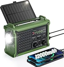 Radio de emergencia meteorológica con gran panel solar, eficiente manivela manual y batería real de 12000 mAh | Bandas AM/FM/NOAA, linterna LED, lámpara de lectura, alarma SOS y cargador de teléfono