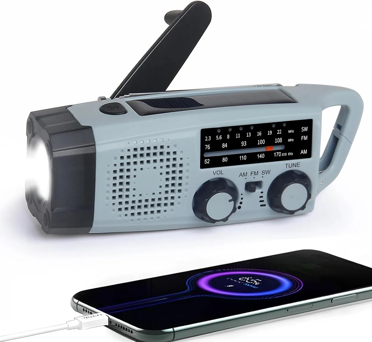 Radio de emergencia solar con manivela para seguir avisos oficiales y guardar batería del móvil durante un apagón