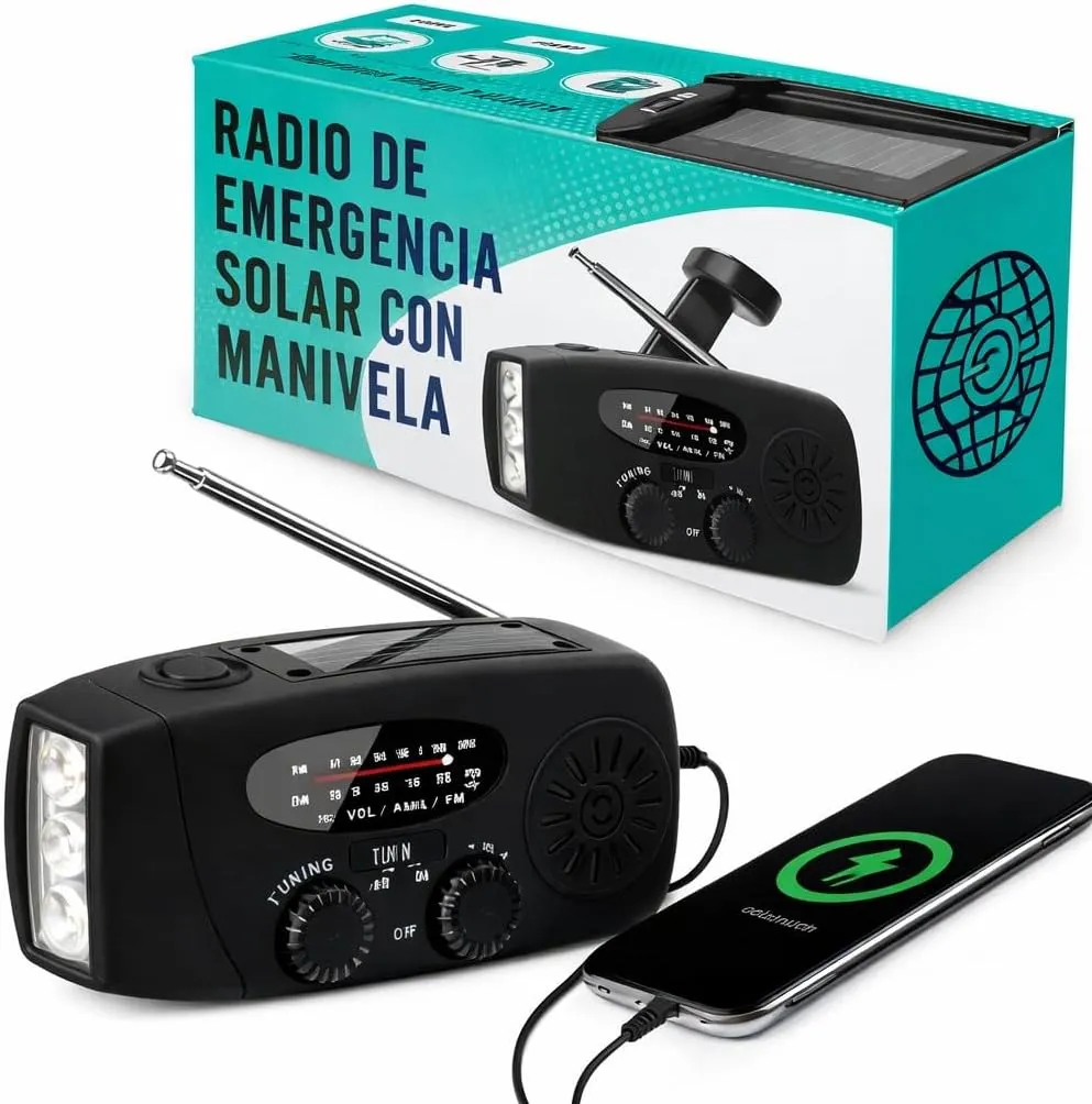 Radio de emergencia solar con manivela para recibir alertas durante inundaciones