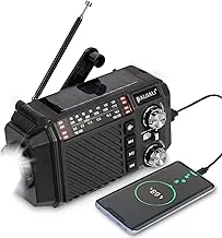 Radio meteorológica de emergencia con manivela de mano con banco de energía de 2600 mAh/9620 mWh, radio portátil de onda corta NOAA AM FM, carga solar y USB-C, linterna, alarma SOS para kits de emergencia (negro)