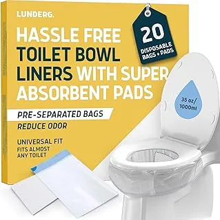 Revestimientos de inodoros Lunderg con almohadillas súper absorbentes perfumadas con limón - Paquete de valor 20 unidades de ajuste universal - Bolsas de inodoro desechables - Convierta cualquier