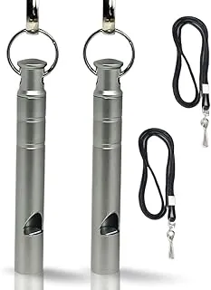 Silbato de titanio con cordón de seguridad de emergencia, color gris titanio, juego de 2, resistente a la intemperie, 125 db, esencial para exteriores, perfecto para senderismo, mascotas, deportes y