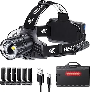 Sinvimes Linterna frontal recargable LED de 4000 lúmenes altos, lámpara de cabeza de batería de larga duración de 95 horas con 5 modos e impermeabilidad IPX7 y zoomable, luz de cabeza ajustable de 120