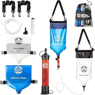 Sistema de filtración de agua por gravedad: 2 bolsas colgantes ligeras de alta capacidad para mochileros, campamentos, supervivencia, senderismo, caza, bolsas de agua sucia y limpia, filtro de agua y